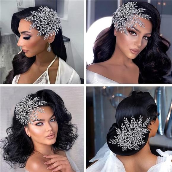 AMORARSI Wedding Rhinestone Hair Piece Leaf Bride Side Headpieces Crystal Hair main image 6